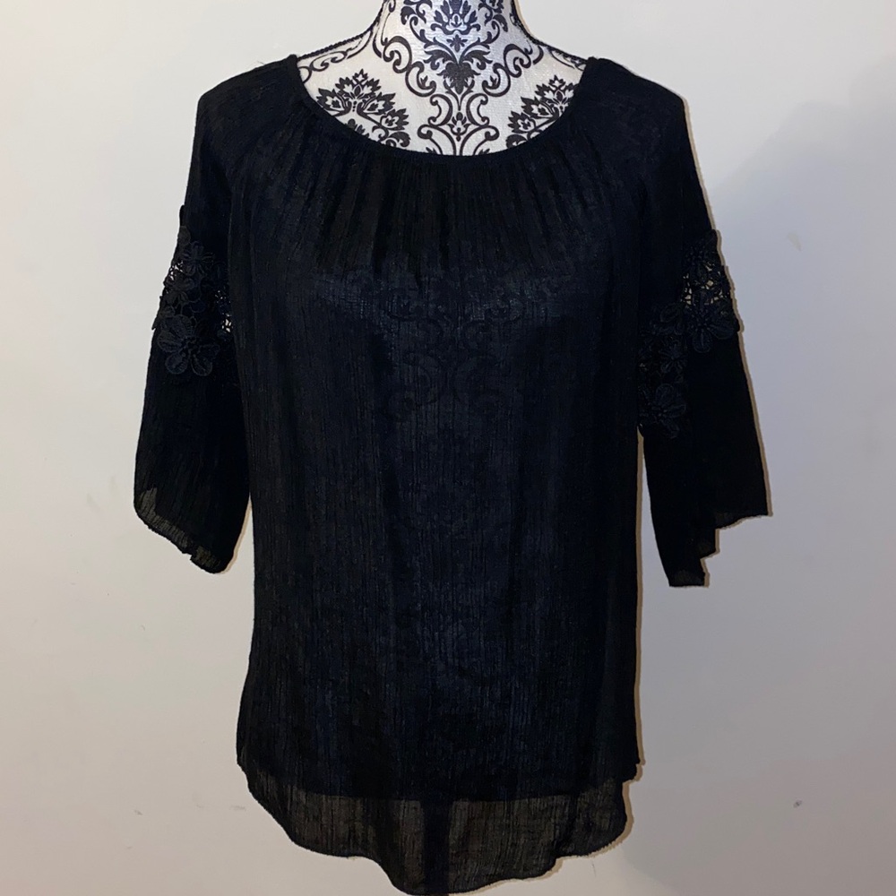 Elegant Black Floral Lace Sleeve Blouse Size XL